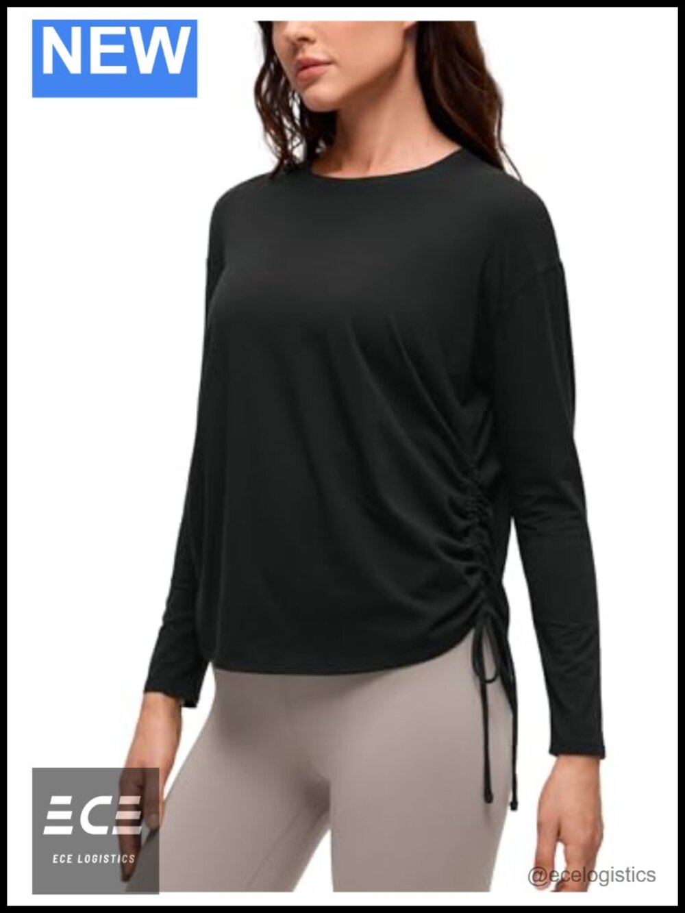 Pima Cotton Ruched Long Sleeve Crew Neck T-Shirt Loose Fit